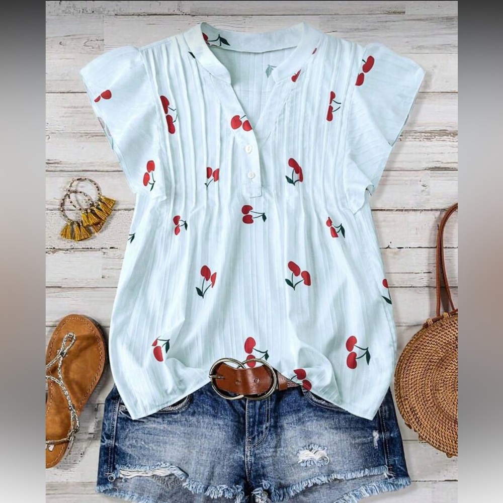 SHEIN Lune Plus Size Cherry Print Ruffle Trim Top